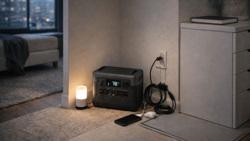 portable power station in apartment corner with organized cables, small LED light, and charging devices in a minimalist setup