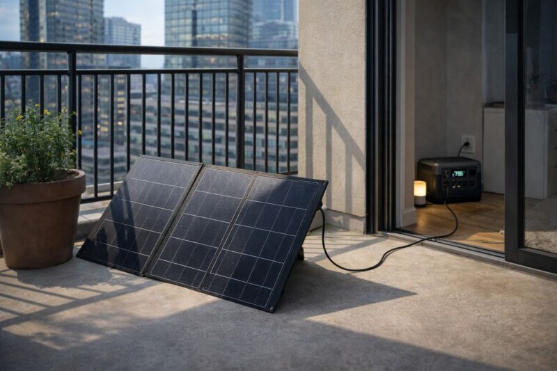 foldable solar panel on apartment balcony connected to portable power station inside with city skyline background