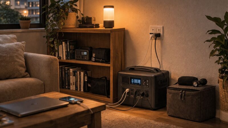 organized apartment corner with portable power station powering laptop and phone with clean cable management