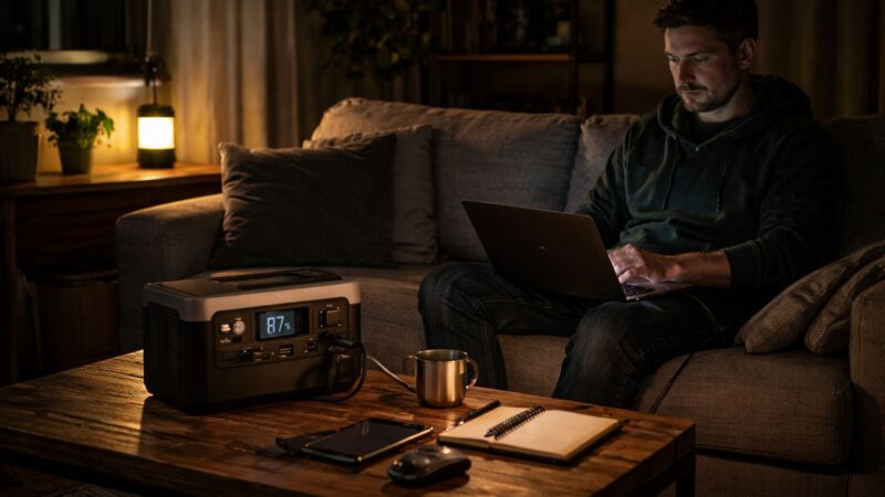 Evening apartment with LED lamp lighting a person using a laptop powered by a portable power station in a dark living room
