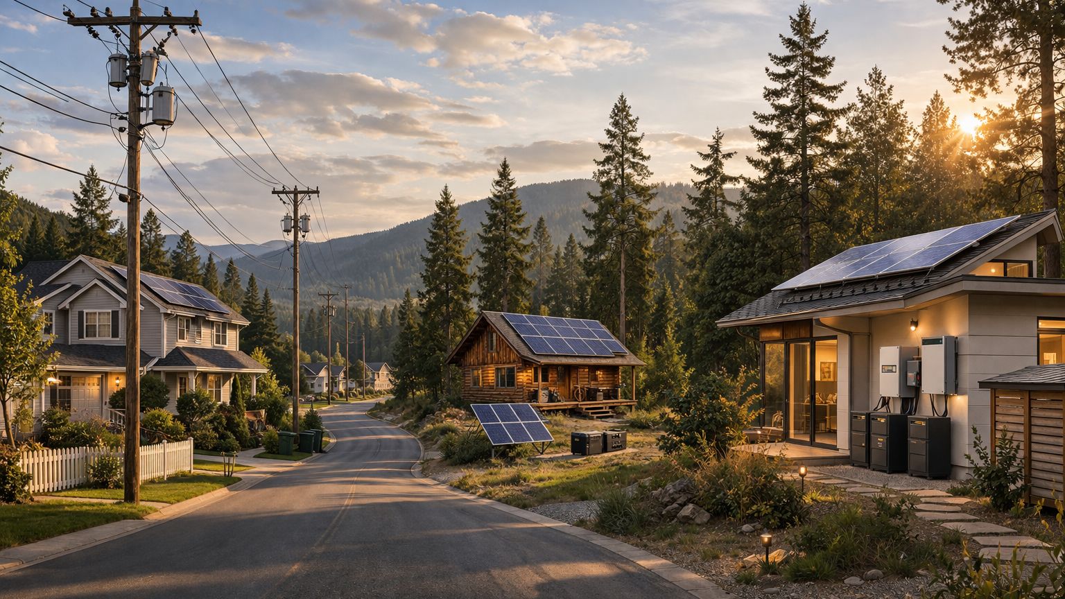 road transitioning from suburban grid-connected homes to off-grid cabin and hybrid solar home in a natural landscape