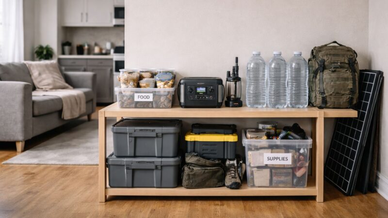clean apartment setup with portable power station, organized water containers, and compact off-grid supplies arranged neatly