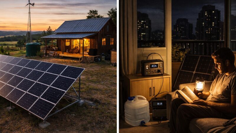Split scene showing fully independent rural off-grid home with solar system and an urban apartment using compact modular power during outage
