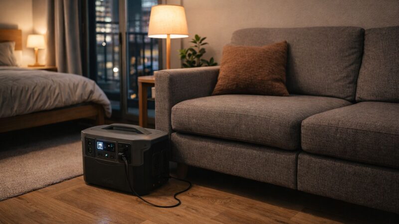 small apartment with limited space showing compact off-grid power setup with portable battery
