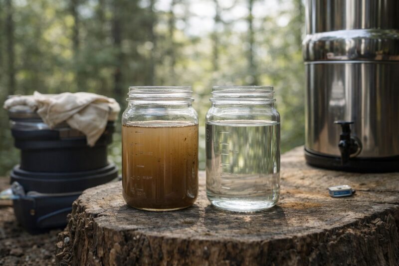 two jars of water one muddy and one clear beside simple off-grid filtration tools in outdoor setting