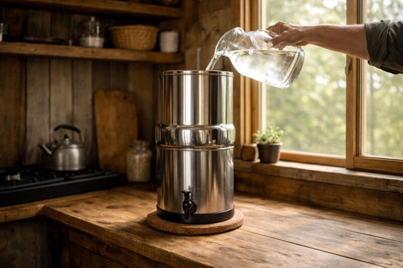 stainless steel gravity water filter being filled from glass jug on wooden counter in off-grid cabin