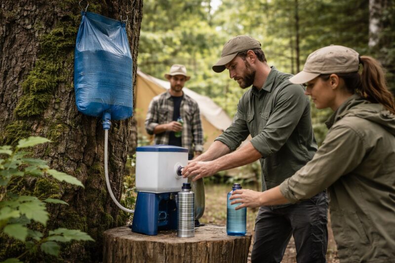 multiple people filling water bottles from a gravity-fed filtration system hanging from a tree in outdoor setting