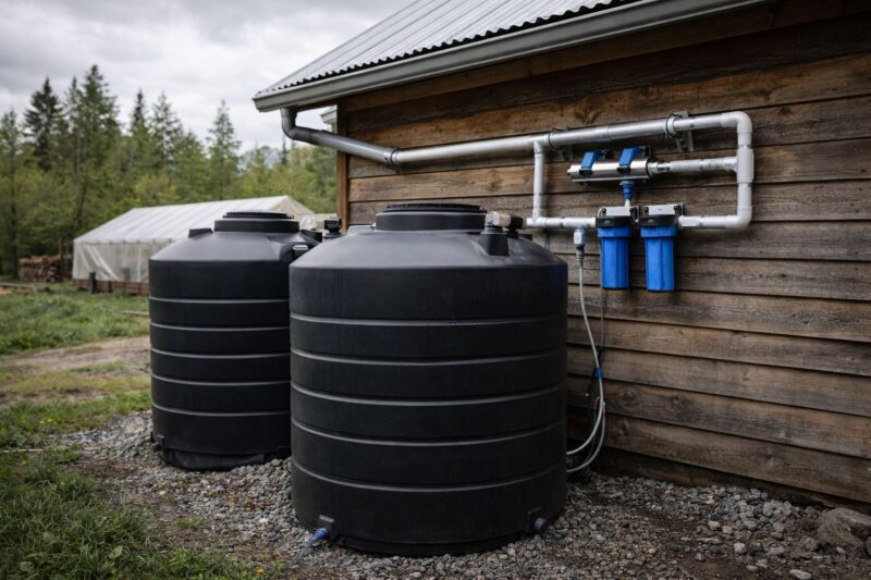 rainwater collection system with gutter feeding into large storage tanks and inline filters on rural homestead
