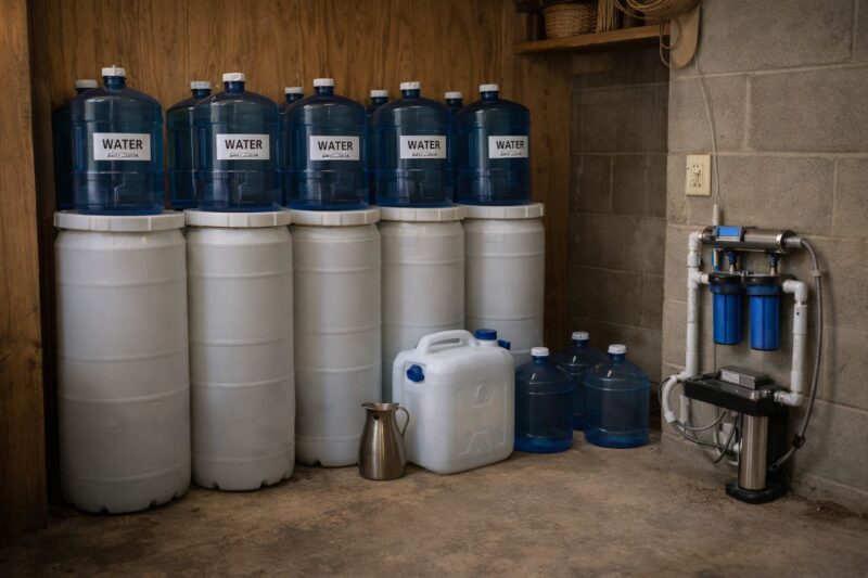 organized off-grid water storage containers and filtration unit in indoor utility space