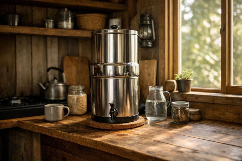 stainless steel gravity water filter on wooden counter inside off-grid cabin kitchen with natural light