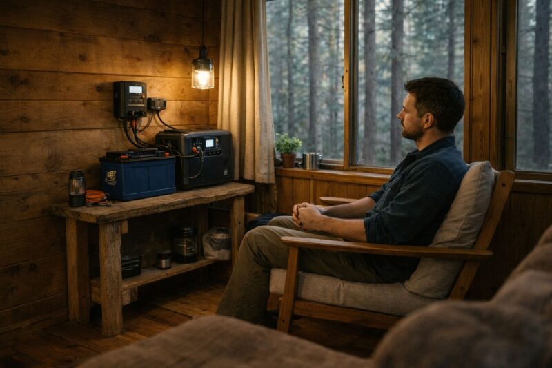 view of person sitting in small apartment reflecting beside a compact off-grid power setup near window