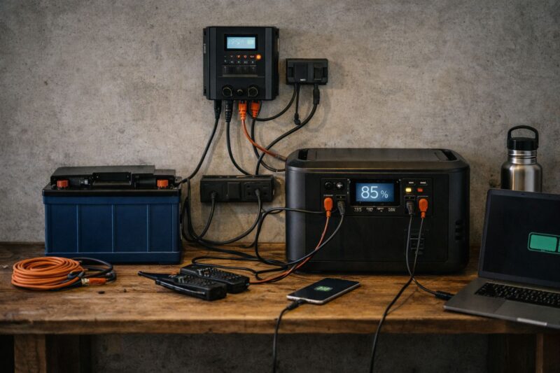 mall apartment with portable power station and battery neatly integrated into wooden furniture