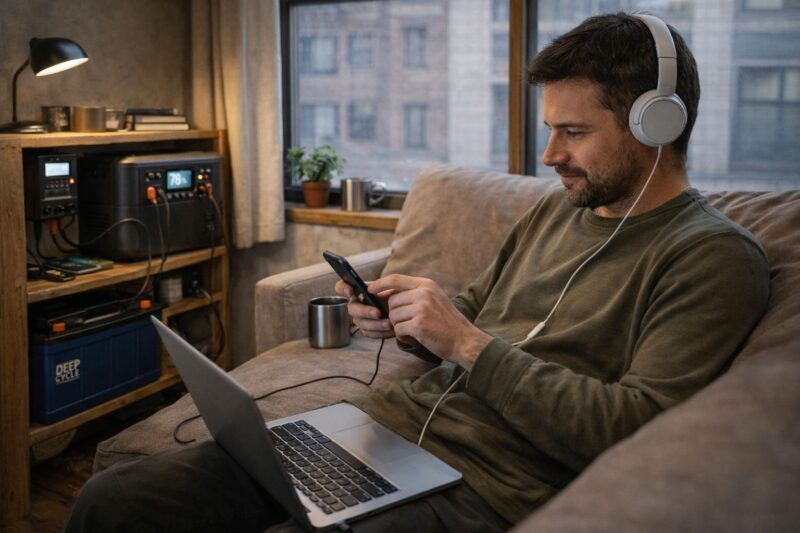 person using laptop and phone powered by portable power station in small apartment living space