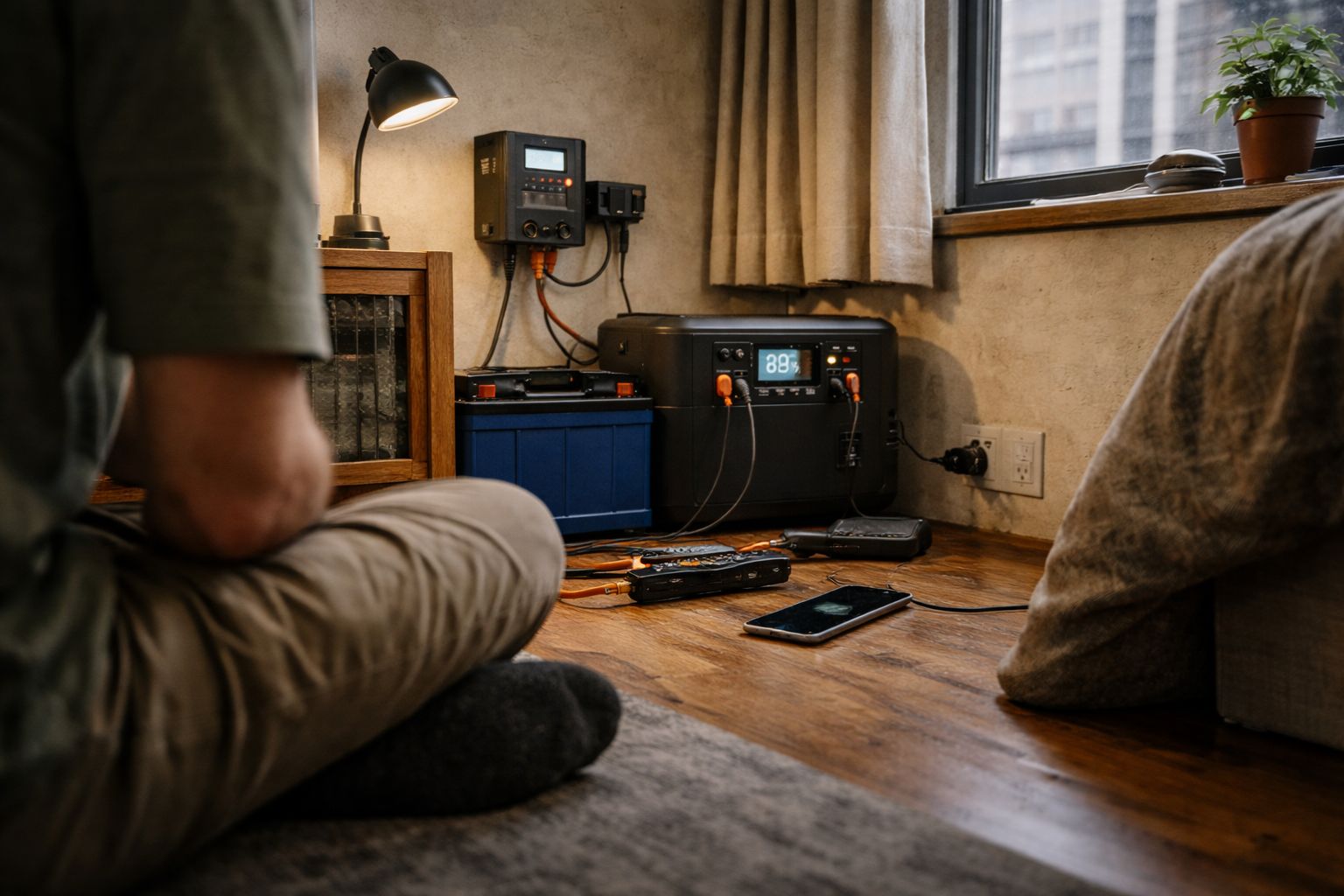 person sitting on apartment floor reviewing compact off-grid power setup with battery and devices near wall outlet