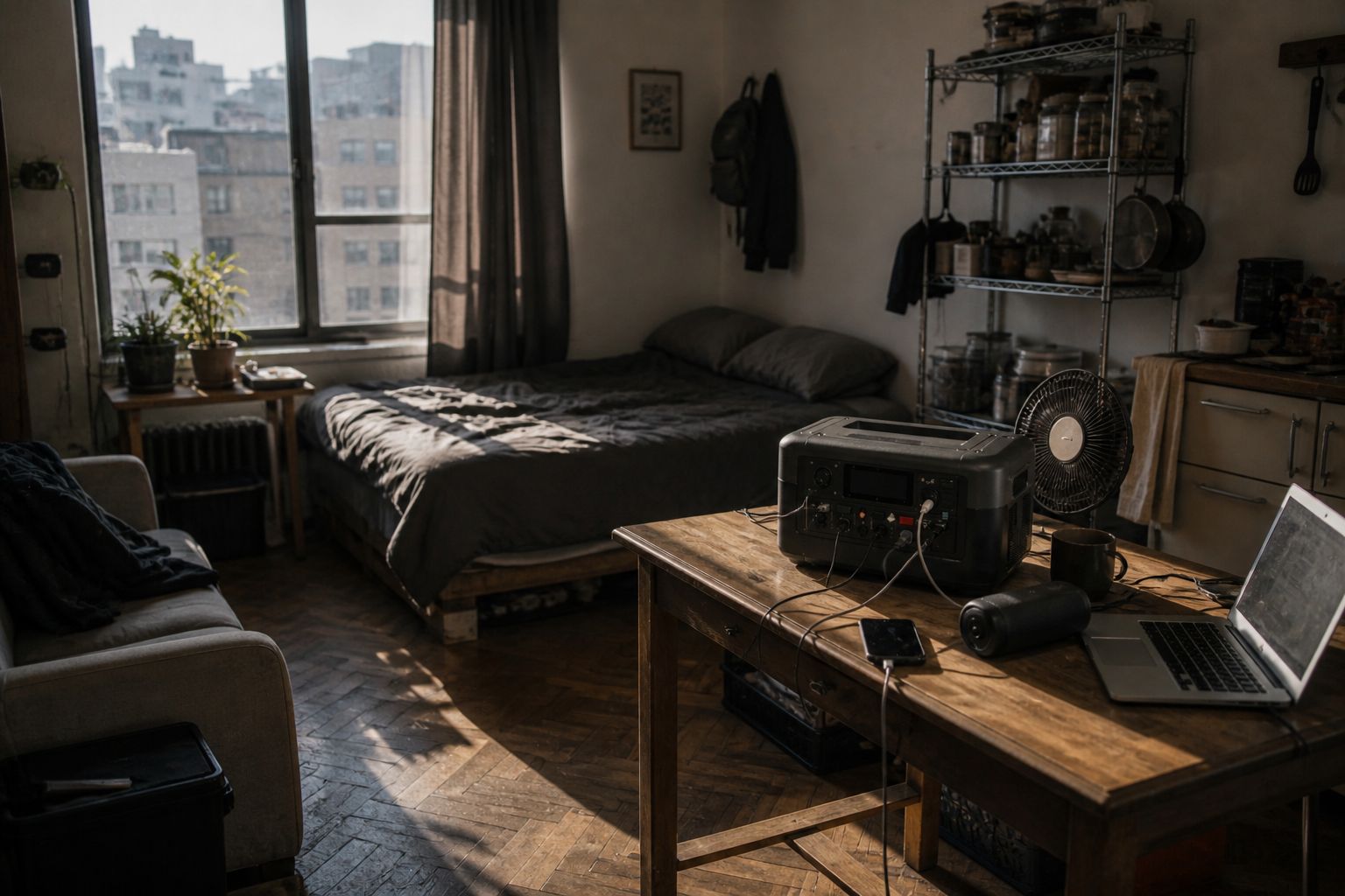 Small urban apartment with a modest off-grid setup, portable power station on a table, natural light partially blocked by nearby buildings