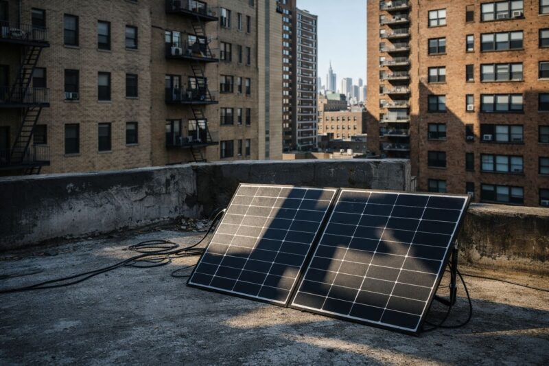 Portable solar panels on a city rooftop partially shaded by nearby buildings reducing sunlight exposure